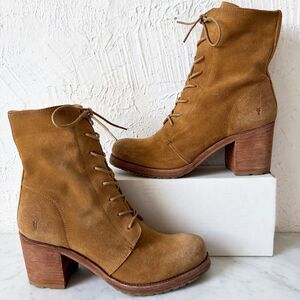Frye Karen Combat Boot Women's 11 Tan Suede Leather Lace-Up Stacked Heel Boho